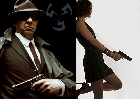 a mafia looking man and a glamorous woman wielding handguns